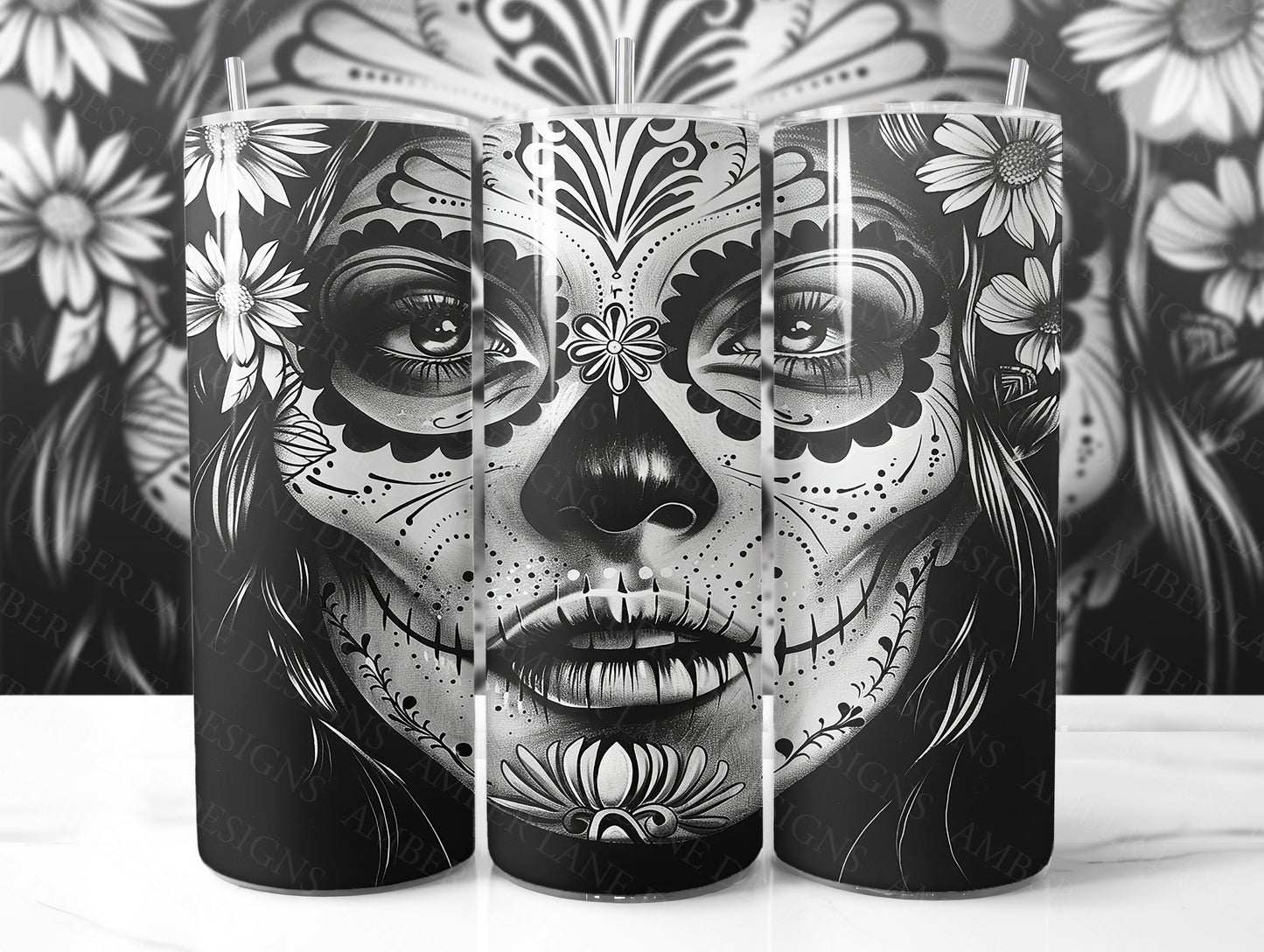 Black and White Mexican Catrina Tumbler Wrap 20oz SKINNY TUMBLER wrap- not seamless