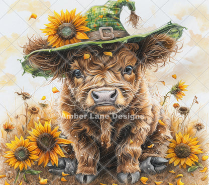 Witchy Highland cow in green witches hat 20oz SKINNY TUMBLER straight wrap 1 jpeg file -not seamless