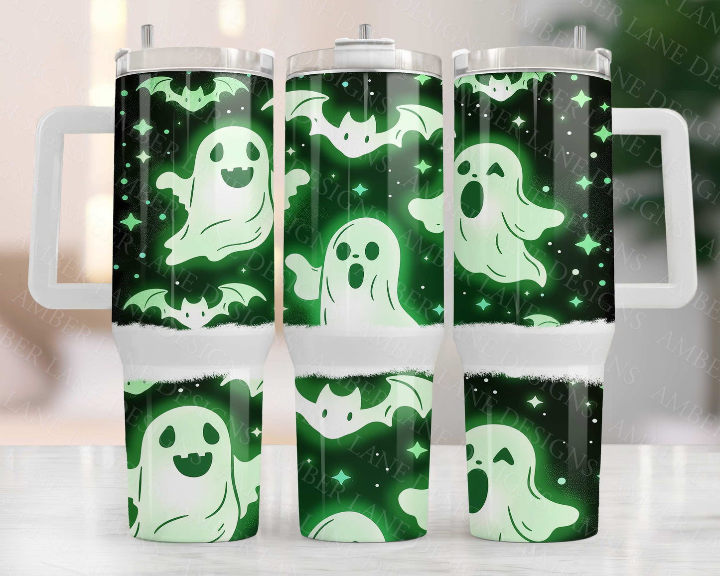 Kawaii Green Ghosts 40oz TUMBLER Two Piece tumbler sublimation wrap png digital files