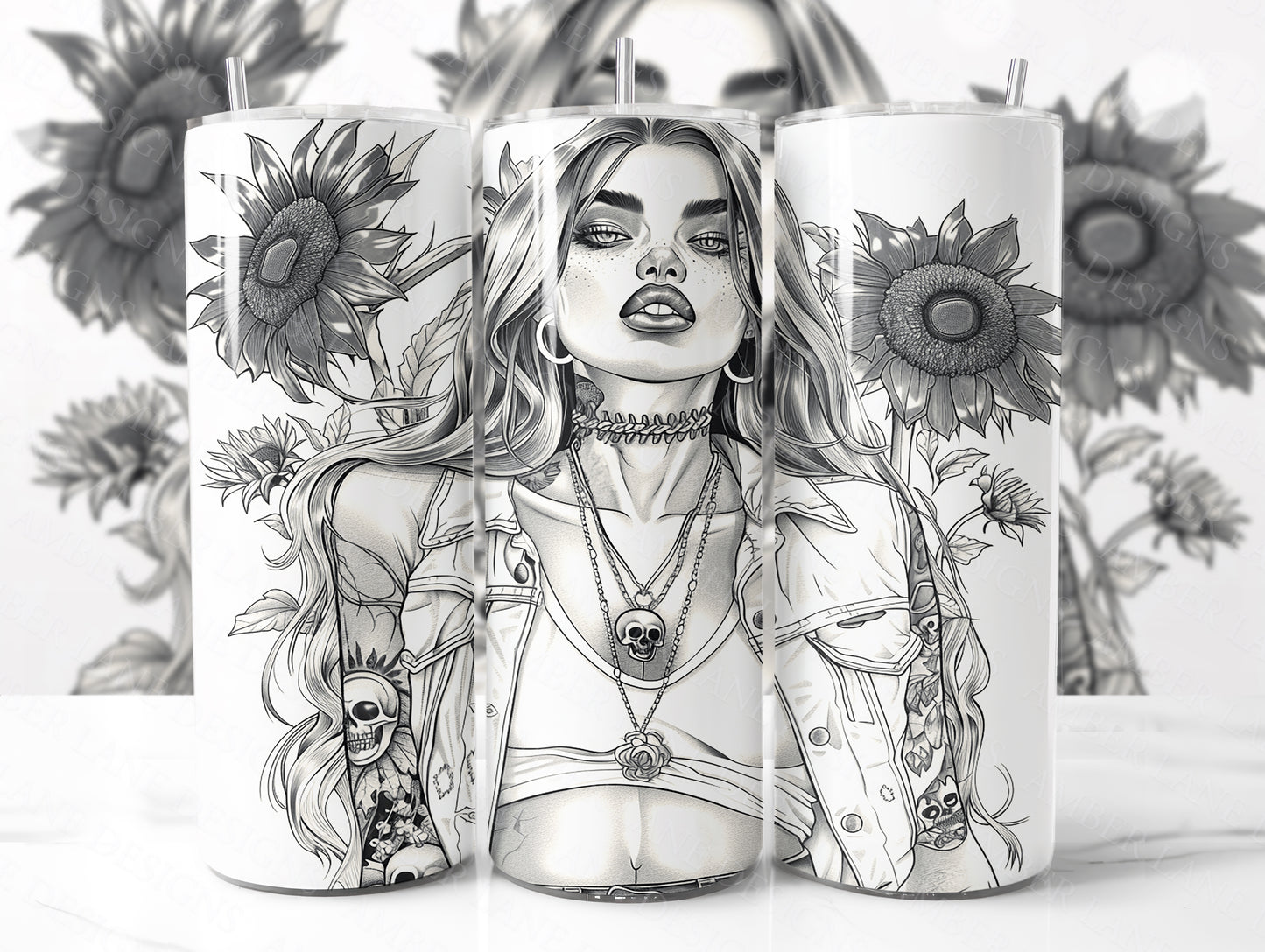 Badass Bitch Girl With Tattoos and sunflowers 20oz SKINNY TUMBLER wrap-not seamless