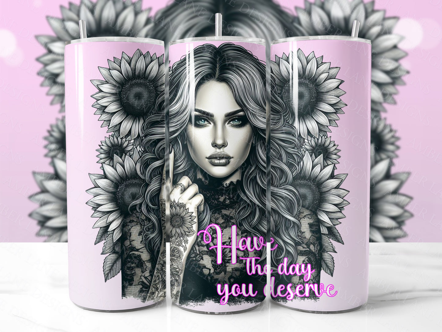 Have the day you deserve Girl With Tattoos Pastel Hair, Black and White Flowers 20oz SKINNY TUMBLER wrap-not seamless