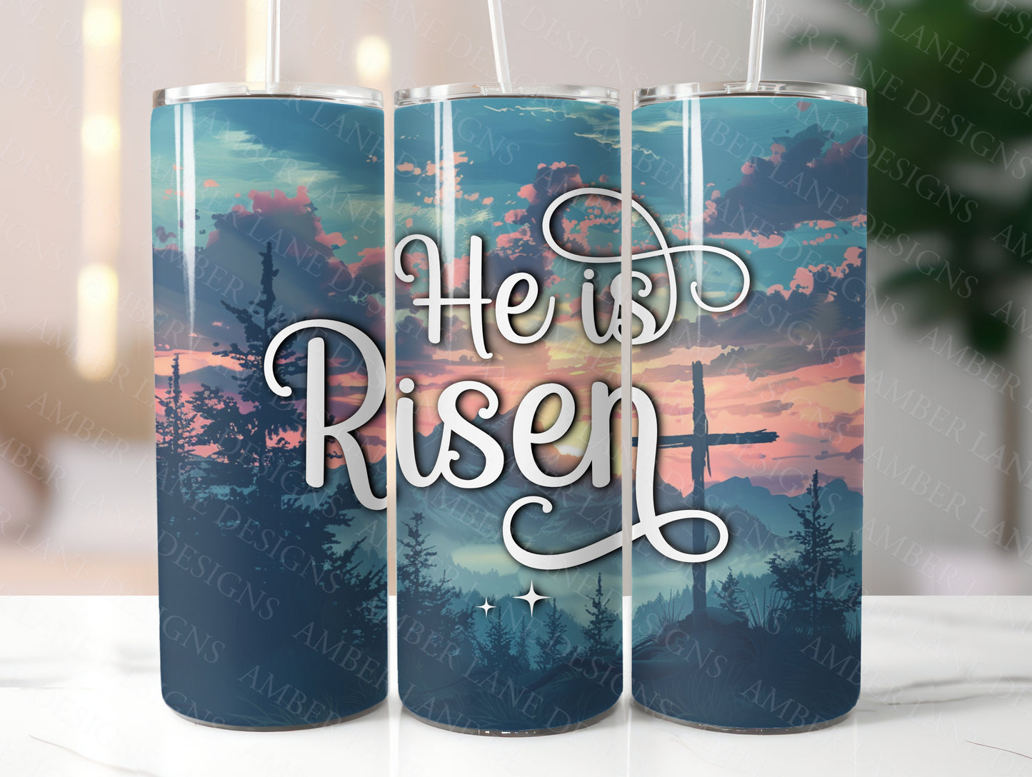 He is Risen Jesus Christ mountain sunset with Cross 20oz SKINNY TUMBLER wrap- not seamless