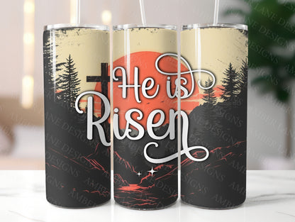 He is Risen Jesus Christ Orange mountain retro sunset with Cross 20oz SKINNY TUMBLER wrap- not seamless