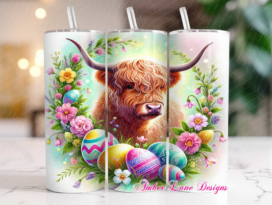 Rustic spring charm with this beautiful Highland Cow design with blooms, and playful Easter eggs 20oz SKINNY TUMBLER wrap- not seamless