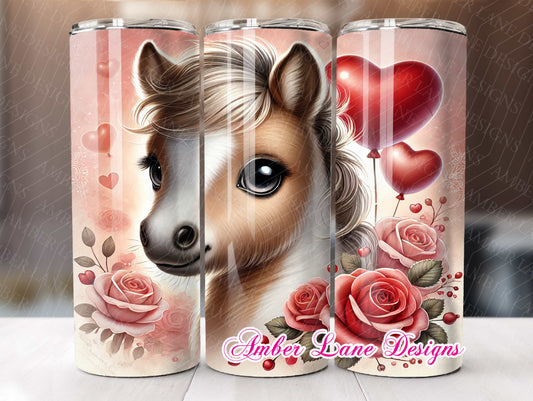 Horse Valentines 20oz Tumbler Wrap – Cute & Sweet pony Design with Hearts and Roses 20oz SKINNY TUMBLER wrap- not seamless