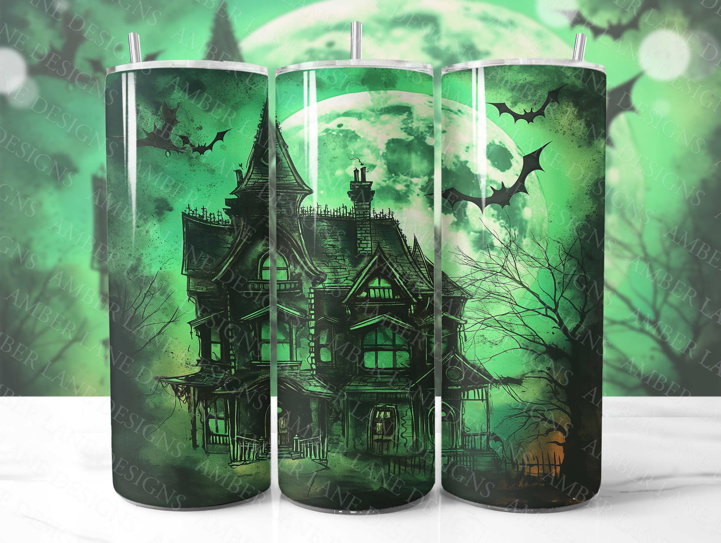 Halloween Haunted House 20oz SKINNY TUMBLER wrap-not seamless