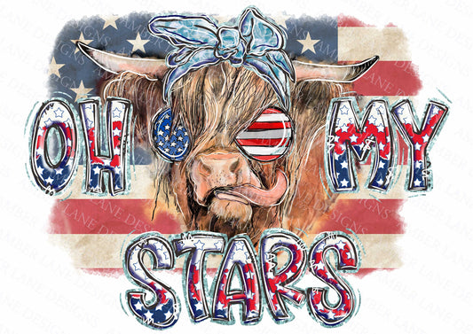 Oh My Stars Highland Cow with sunglasses, USA 4th of July PNG