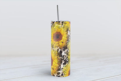 Sunflower glitter and Cowprint 20oz SKINNY TUMBLER straight wrap 1 jpeg file