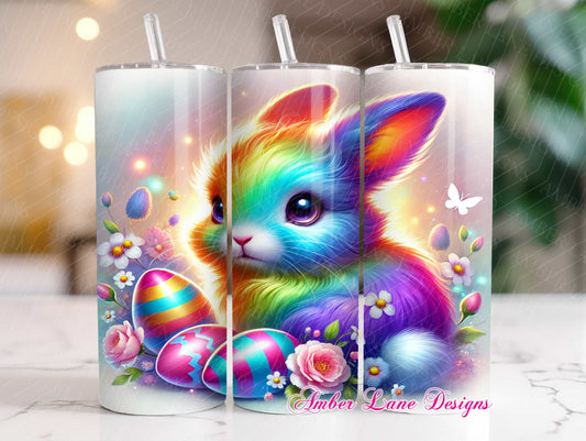 Whimsical rainbow bunny Tumbler Wrap with pastel blooms, and playful Easter eggs 20oz SKINNY TUMBLER wrap- not seamless