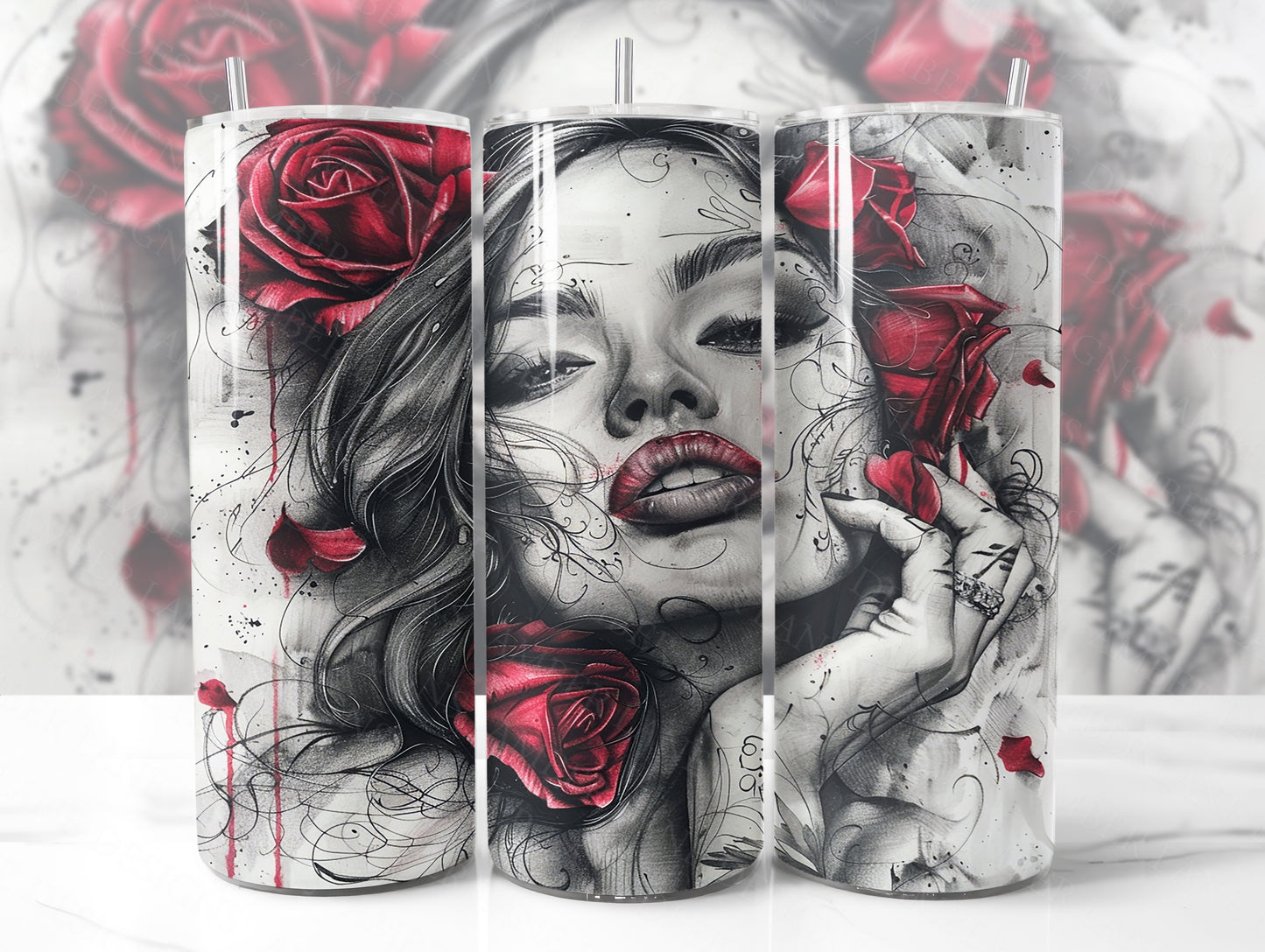 Pretty Badass girl with red lips and red roses 20oz SKINNY TUMBLER wrap-not seamless