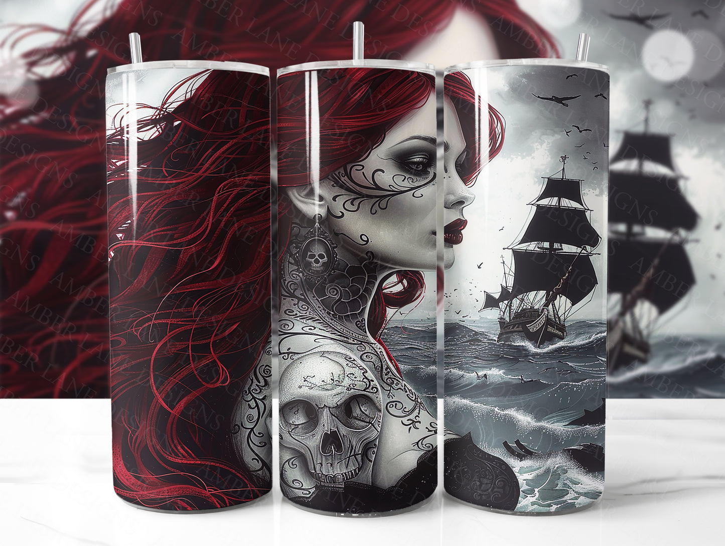 Sea Siren Gothic Tattooed Woman, Nautical Design Tumbler Wrap 20oz SKINNY TUMBLER wrap- not seamless