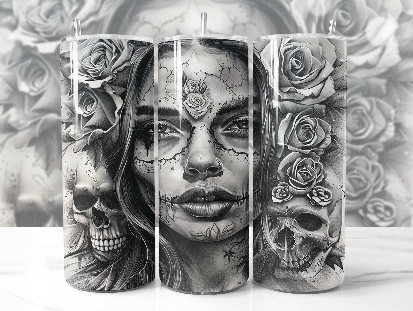 sugar skull badass bitch with roses Tumbler Wrap 20oz SKINNY TUMBLER wrap- not seamless