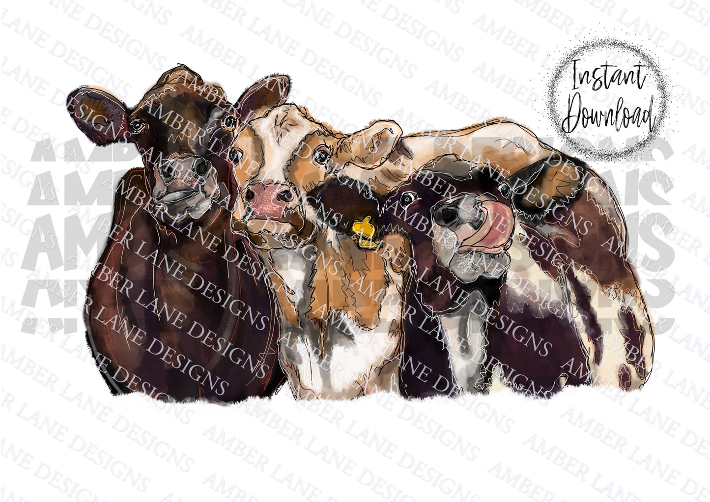 Three Cows  PNG | Hand Drawn watercolor | Sublimation PNG |